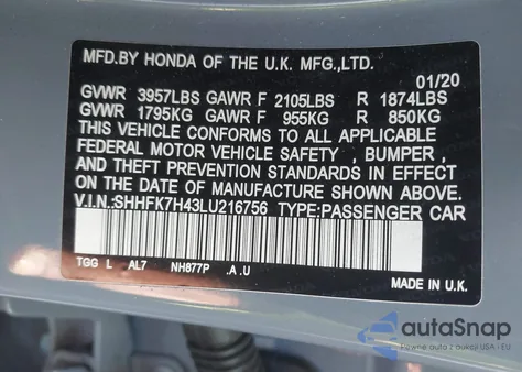 2020 Honda Civic Sport from USA, damaged, VIN SHHFK7H43LU216756